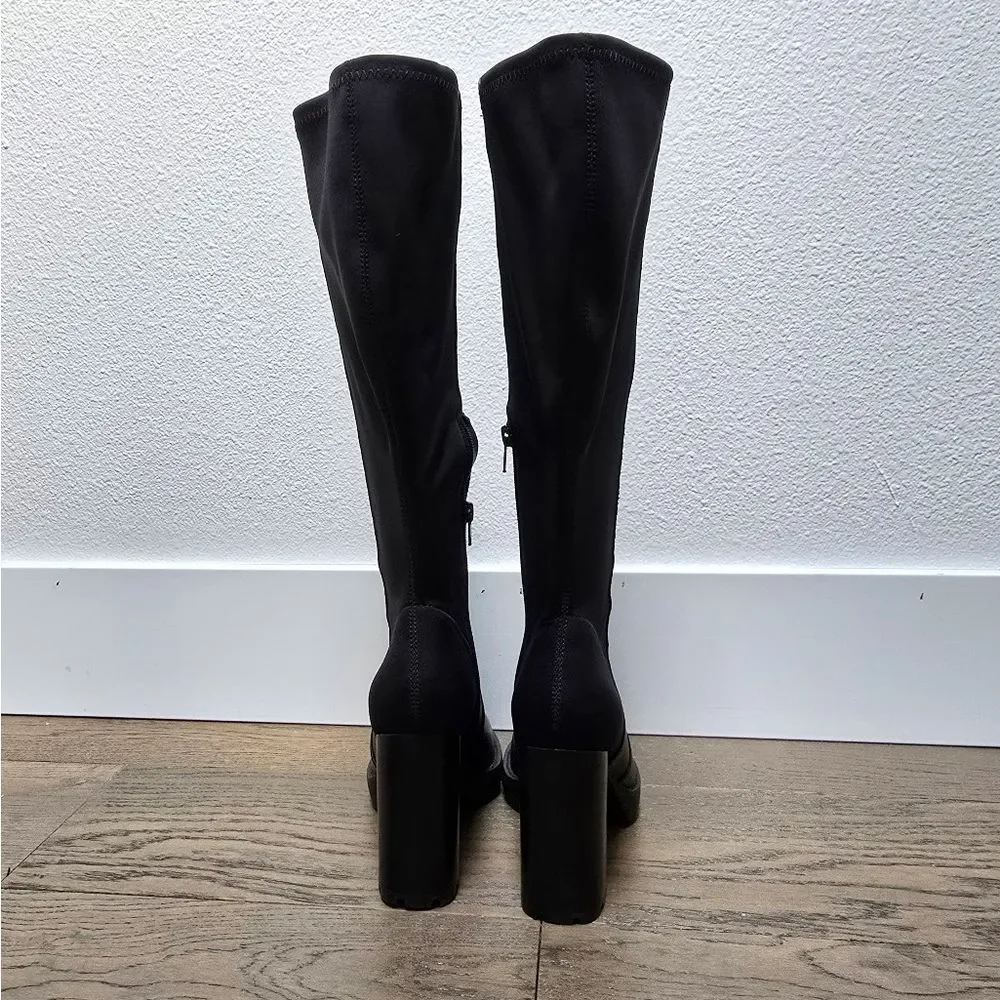 Charles David Gala Leather Tall Pointed Toe Lug Sole Block Heel Boot in Black